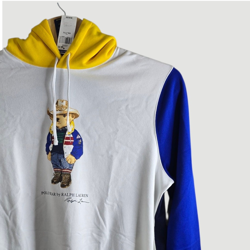 New POLO Ralph Lauren RL Bear Hoodie Sweatshirt XXL Yellow Red Blue Colorblock